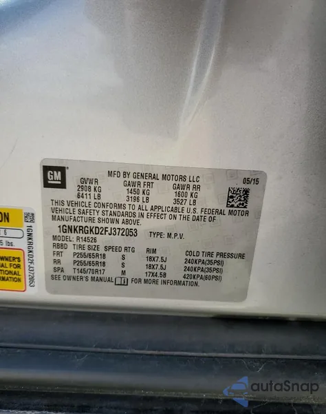 2015 Chevrolet Traverse Lt z USA, uszkodzony, nr VIN 1GNKRGKD2FJ372053